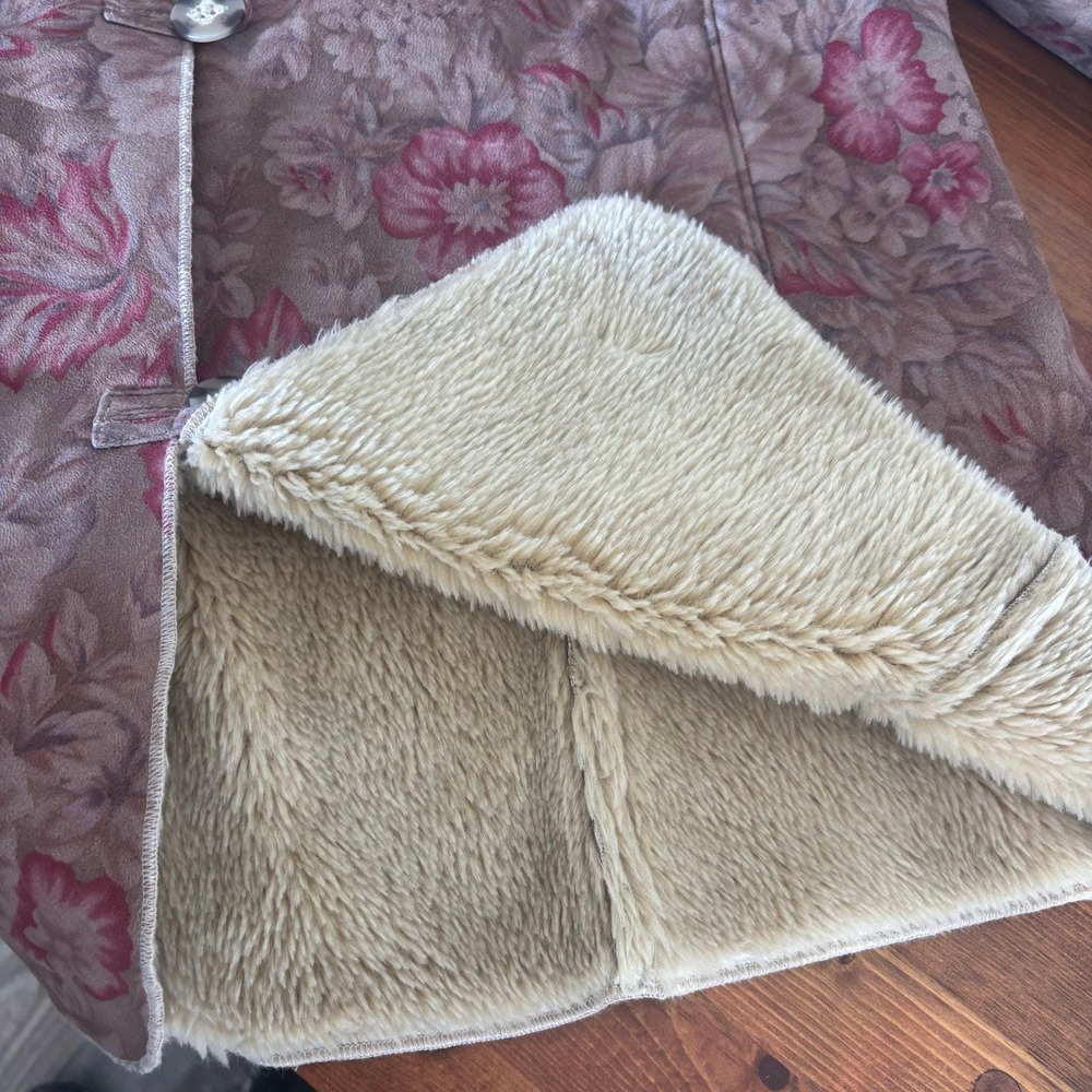 Coldwater Creek Floral Faux Suede Jacket Faux Fur Trim Penny Lane Boho Brown L - Picture 7 of 11